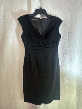 Jones Wear Dress Petite Black Lace Formal Dress Cap Sleeve Tiered Layered Sz  6P